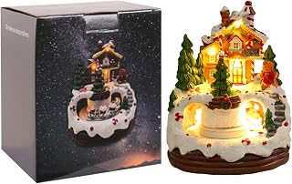 Christmas Village Houses LED Lighted Musical Snow Gingerbread Christmas Houses with Train and Trees for Winter Xmas Holiday Tabletop Mantel Village Accessories
