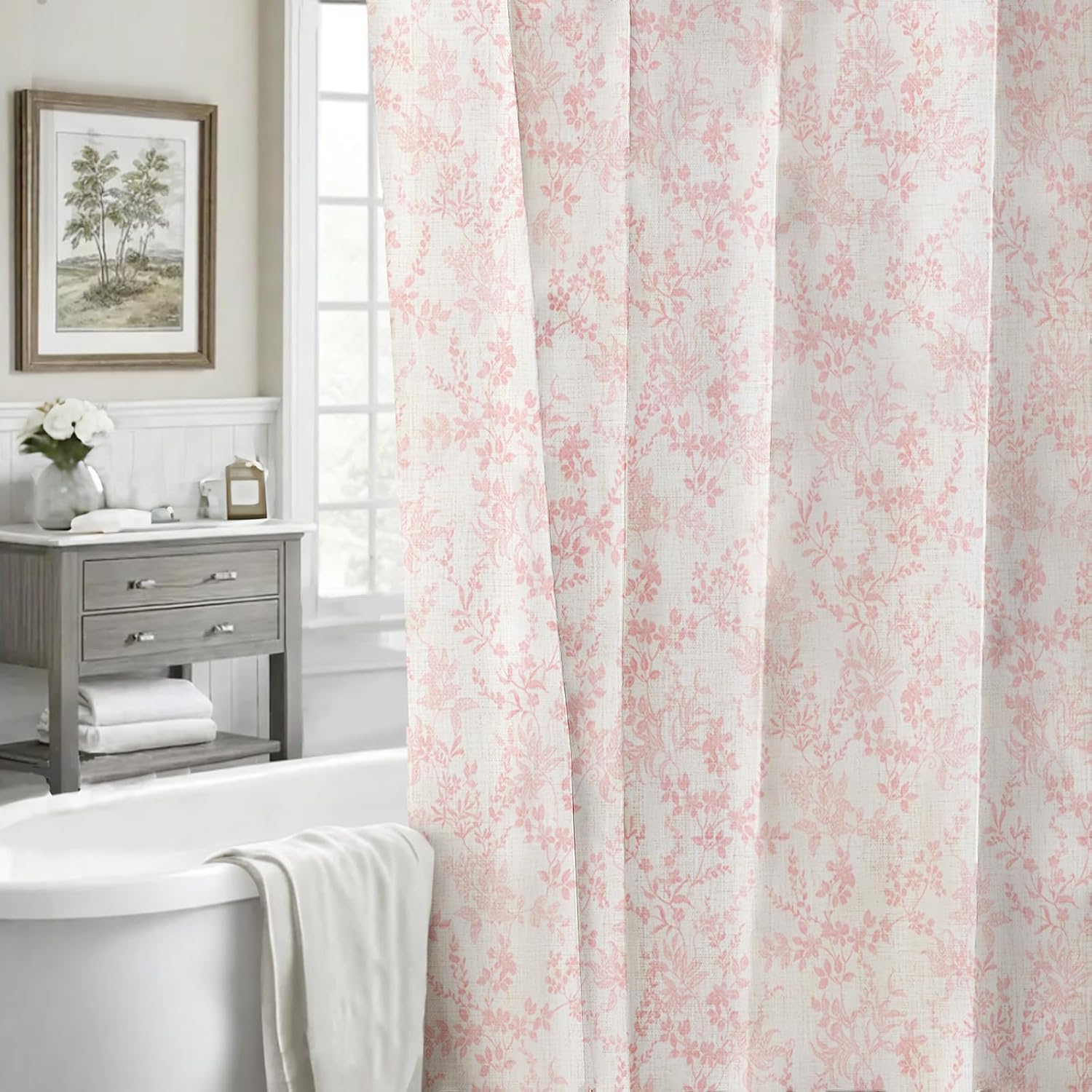 Pink Cotton Waterproof Extra Long Shower Curtain, Farmhouse Elegance Floral 84 Shower Curtains for Bathroom Decor, Chic Fabric Cloth Flower Leaves Shower Curtain 72" W x 84" L