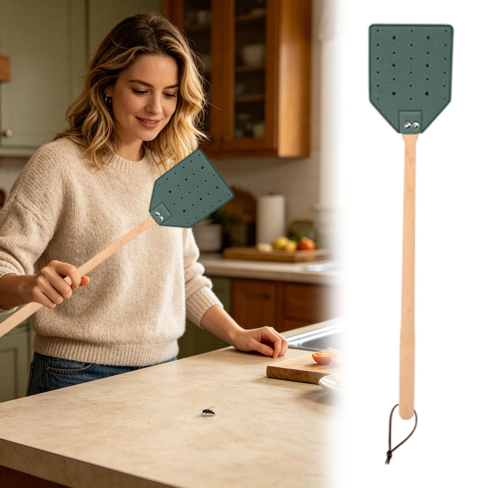 Leather Fly Swatter with Long Wooden Handle, 2 Pack Manual Insect Catcher Paddle for Indoor and Outdoor Home Pest Control, Heavy Duty Fly Swat Set with Hanging Lanyard (Grey)