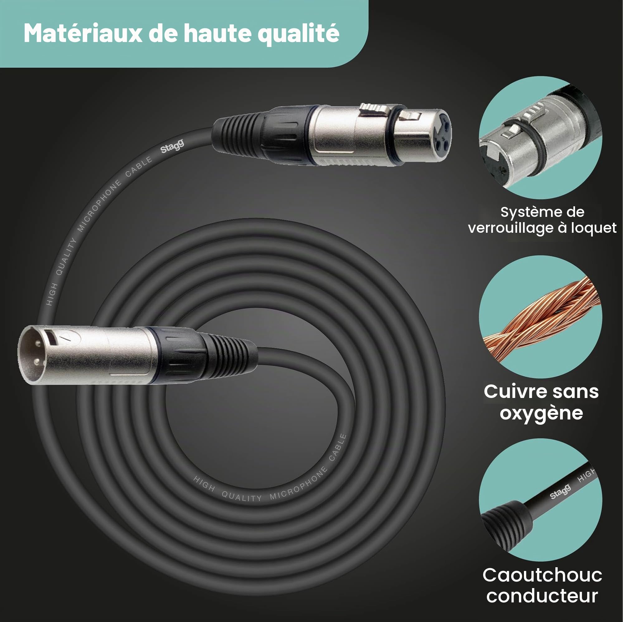 Stagg Câble microphone de haute qualité XLR vers prise XLR, 6 m, noir
