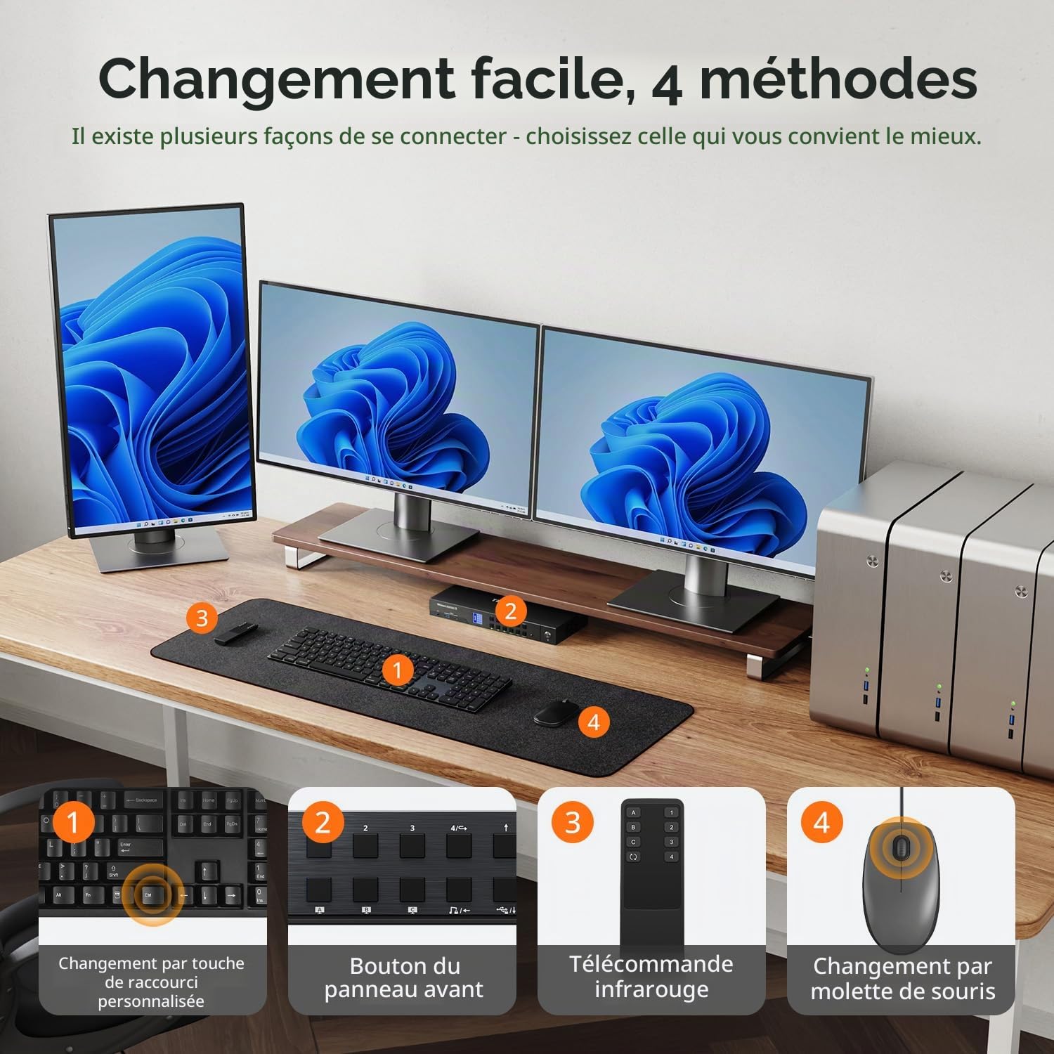 TESmart Commutateur KVM DisplayPort 8K@60Hz 4 PC 3 écrans, KVM double écran USB 3.2 Gen1 avec réseau Gigabit, 4K@144Hz, émulation EDID, raccourcis personnalisables, Câbles d’entrée inclus