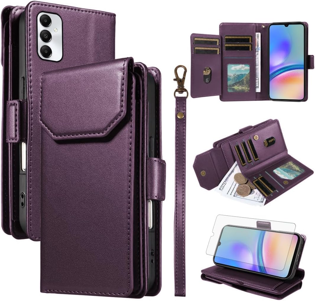 Asuwish Phone Case for Samsung Galaxy A05s/A05 Cell Wallet Cover with Tempered Glass Screen Protector Flip Credit Card Holder Slot Stand Ao5s Ao5 A 05s 05 Women Men Folio Purse Lanyard Wrist Red