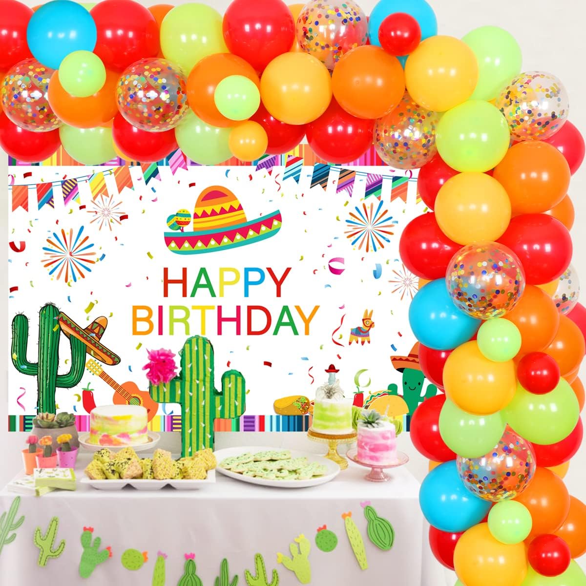 Mexican Fiesta Birthday Party Decorations - Fiesta Balloon Garland Kit Orange Blue Green, Yellow and Red, Mexican Happy Birthday Photography Backdrop for Cinco De Mayo Taco Party Supplies