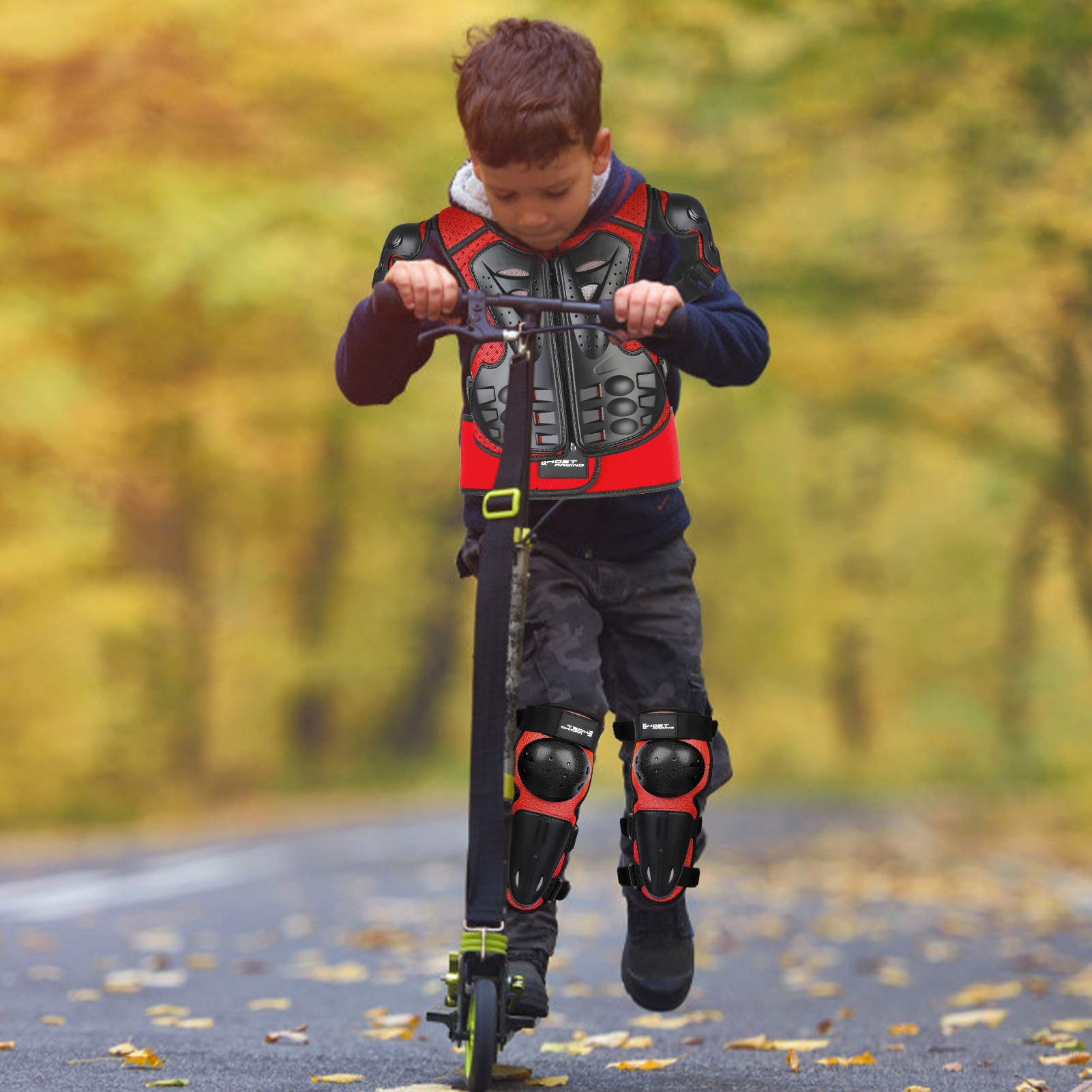 Armatura Moto per Bambini,JUSTDOLIFE 5 Pezzi Set di Armatura da Moto Protezione di Motocross per Bambini Ginocchiere Traspiranti Gomito Pettorina per Tutti I Terreni Ciclismo Sci Pattinaggio