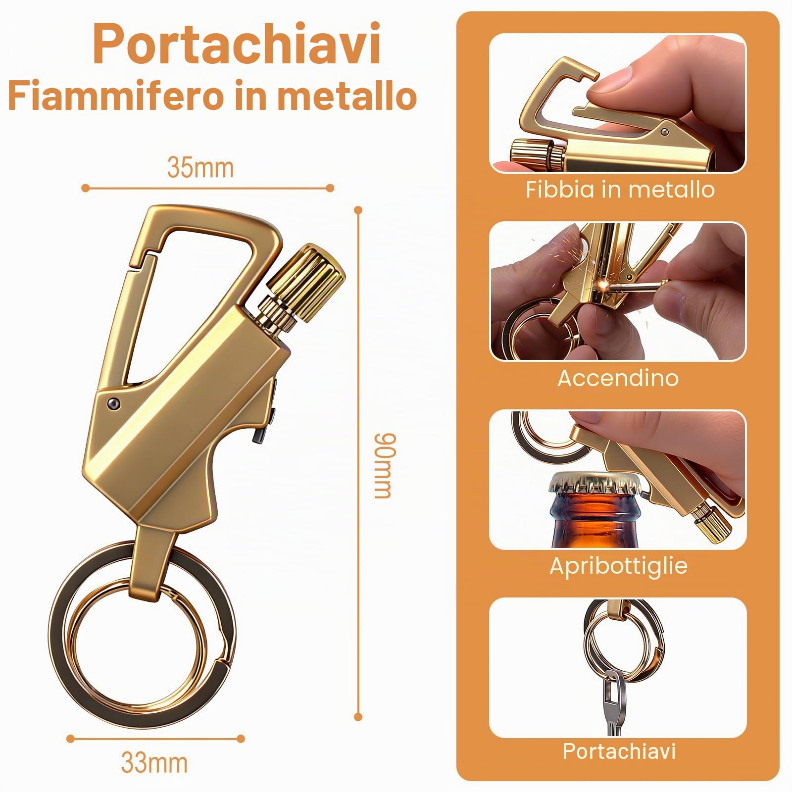 Fiammiferi in metallo, pietra focaia accendino per fuoco, apribottiglie, portachiavi per auto, accendino ricaricabile a cherosene per esterni, attrezzatura di soccorso di emergenza (oro)