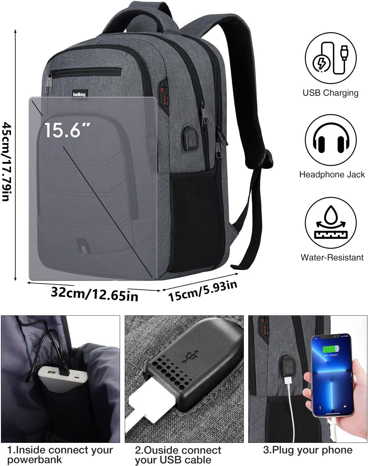 Laptop Backpack for Men,School Backpack for Teens Boys Extra Sturdy 15,6 Inch TSA Friendly School Book Bag with USB Port for College Business,Water Resistant - Image 6