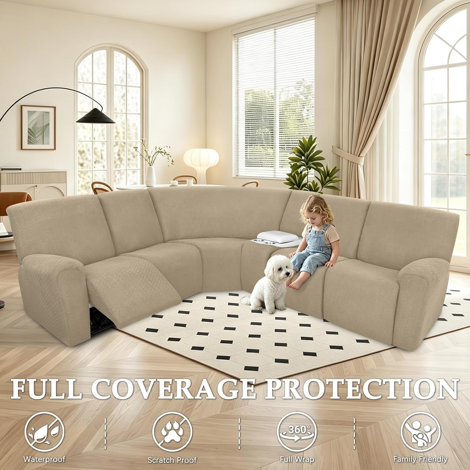 Waterproof Reclining Sectional Couch Covers Washable L Shaped Couch Cover for Sectionals Recliner Sofa Covers Stretch Corner Recliner Slipcovers for Dogs (5 Seater 1 Console Cover, Tan)