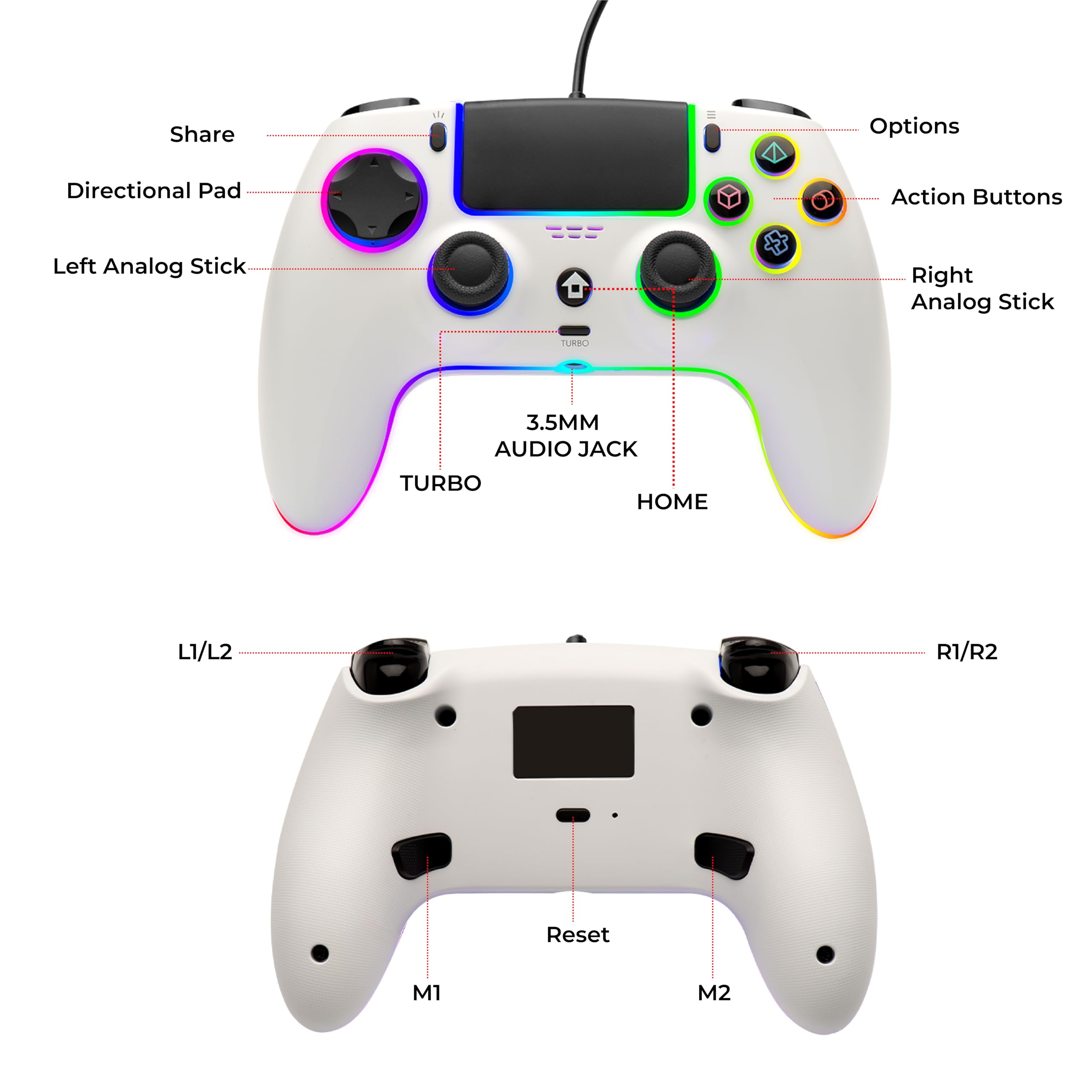 NITHO NOVA Controller Cablato Compatibile con PS5/PC/MAC/Android, Gamepad con Effetto Hall/Paddles Programmabili/Turbo/Giroscopio 6 Assi/Doppia Vibrazione/Touchpad/Illuminazione RGB/Jack Audio