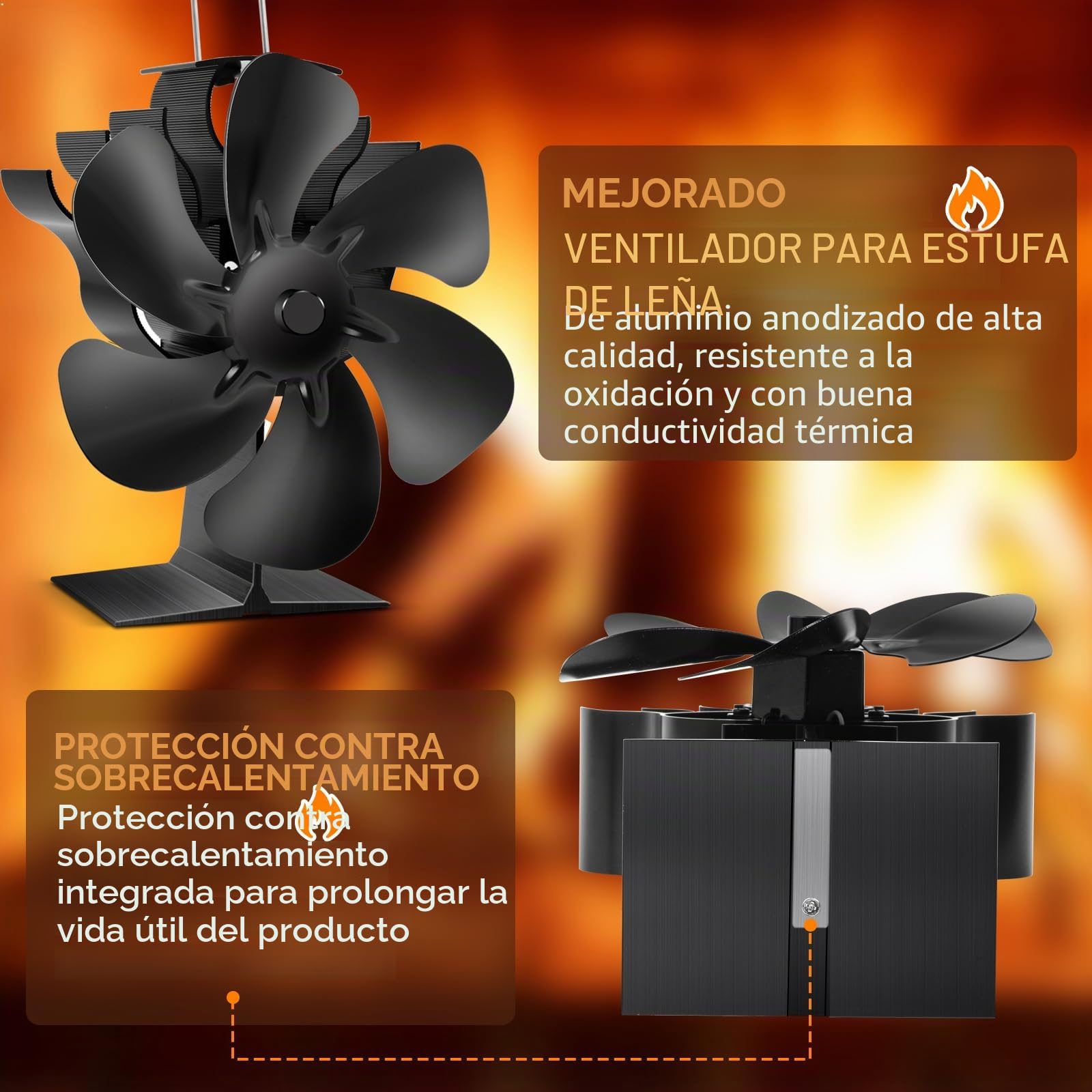 Lvelfe Ventilador de estufa sin electricidad, ventilador de chimenea de 6 aspas, ventilador de chimenea silencioso, ventilador de estufa y chimenea con termómetro para estufa de leña, leña, lugar de