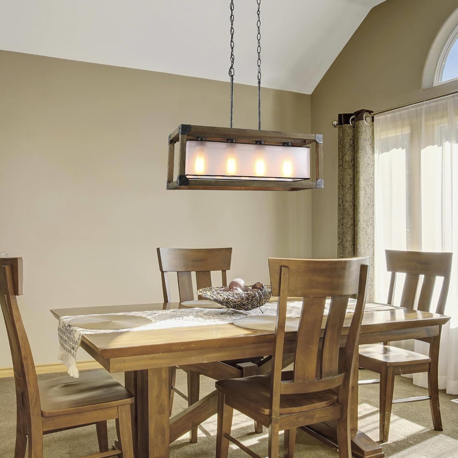 KSANA Farmhouse Chandelier, Dining Room Lighting Fixtures Hanging in Rustic Rectangle Wood and Metal Finish, Linear Pendant Lamps with PC Shade for Kitchen Island, Entryway