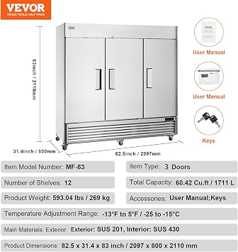 VEVOR Commercial Freezer 60.42 Cu.ft, Reach In 82.5 W Upright Freezer 3 Doors, Auto-Defrost Stainless Steel Reach-in Freezer with 12 Adjustable Shelves,13 to 5F Temp Control, LED Lighting, 4 Wheels