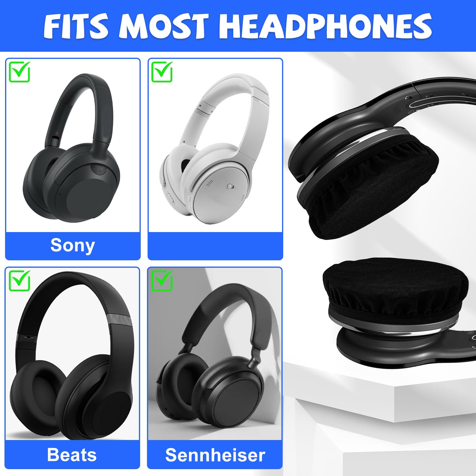 6 Stück Kopfhörer-Ohrpolster Abdeckungen - Dehnbar, Waschbar, Für Gaming & Fitness (9-11 Cm, Schwarz)