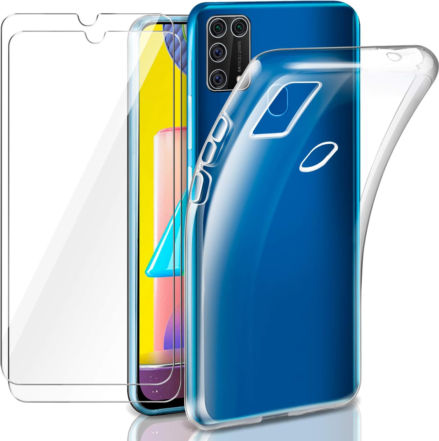 AROYI Case Compatible with Samsung Galaxy M31 Case Clear with 2 Tempered Glass Screen Protector, Transparent Silicone Phone Case Cover