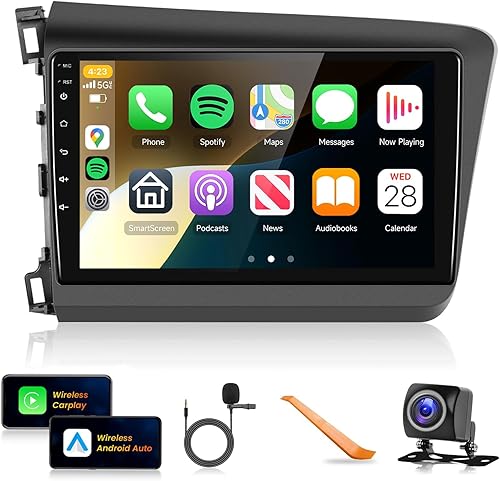 Radio de coche estéreo para Honda Civic 2012 2013 2014 2015 con Carplay inalámbrico Android Auto 9 "1080 p HD IPS pantalla táctil Bluetooth GPS WiFi