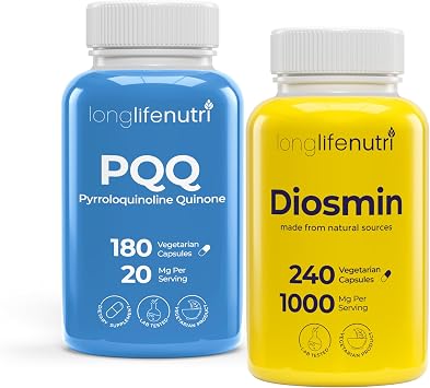 LongLifeNutri PQQ 20 mg + Diosmin 1000 mg Bundle - 180 + 240 Capsules, 6-4 Month Supply, Mental Performance & Circulatory Health Support, Made in USA