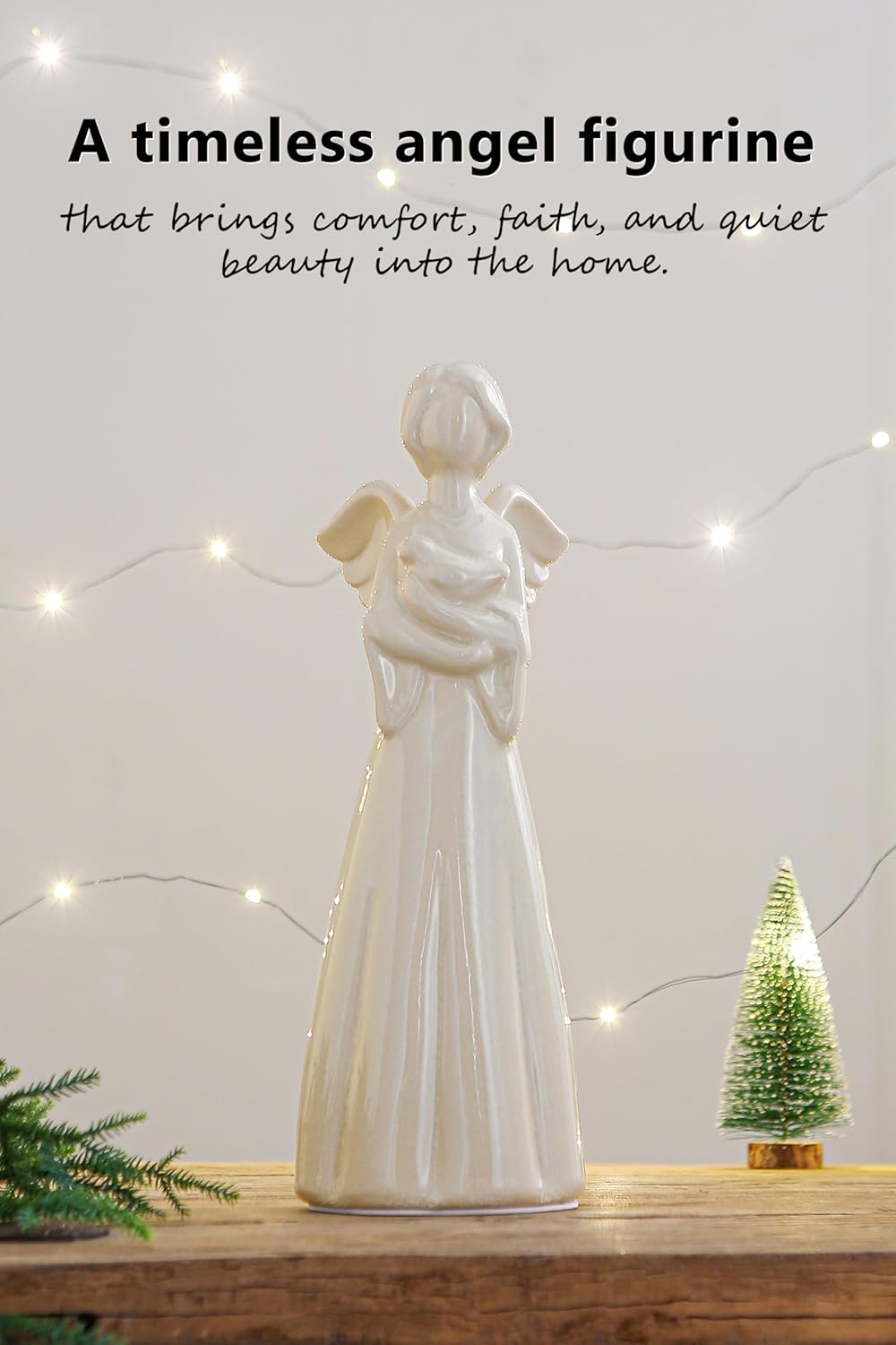 SURE YUESI Statue Sculptures 13.8 Inch Ceramic Angel Figurine, Mid Century Modern Home Decor for Bedroom, Bathroom, Entryway, Bookshelf, Fireplace, TV Stand, Console Table, Dresser Figurines- Beige