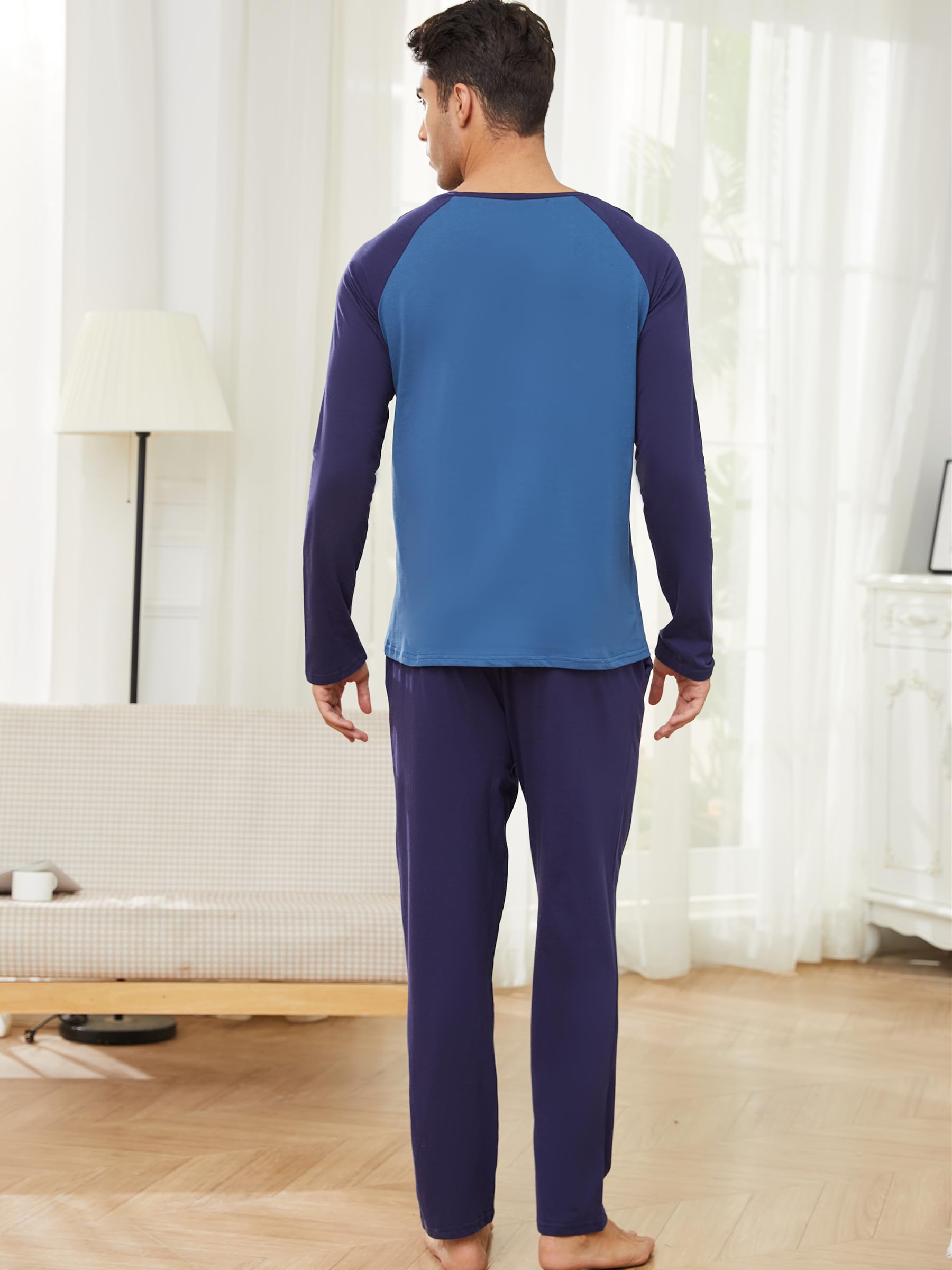 Reliwel Pigiama Uomo Cotone Leggero Pigiama Uomo Cotone Lungo Colori Contrastanti Girocollo a Maniche Lunghe e Pantaloni Due Pezzi Leggero Morbido