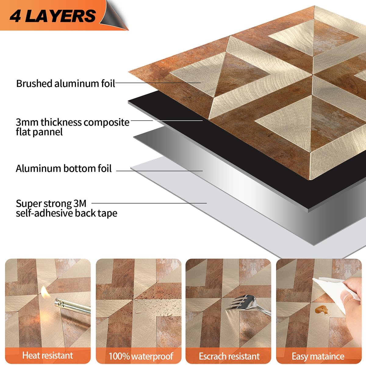 10-Sheets Stunning 3D Visuals Peel and Stick Backsplash Wall Tiles, PVC Mixed Metallic Look,Heat Resistant Stick on Tiles for Kitchen Wall, Bathroom, Laundry Room(Retro Brown + Light Gold)