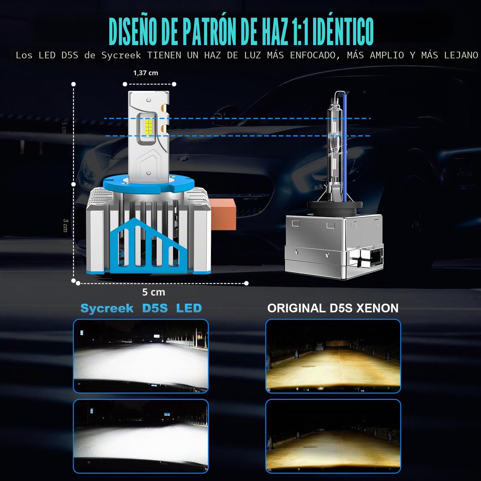 Sycreek Bombillas D5S LED con Ventilador,30000LM 6500K Blanco Reemplaza Original HID D5S Xenon Bombilla,600% Super Luminosas Faros de Carretera y de Cruce,2 Pcs