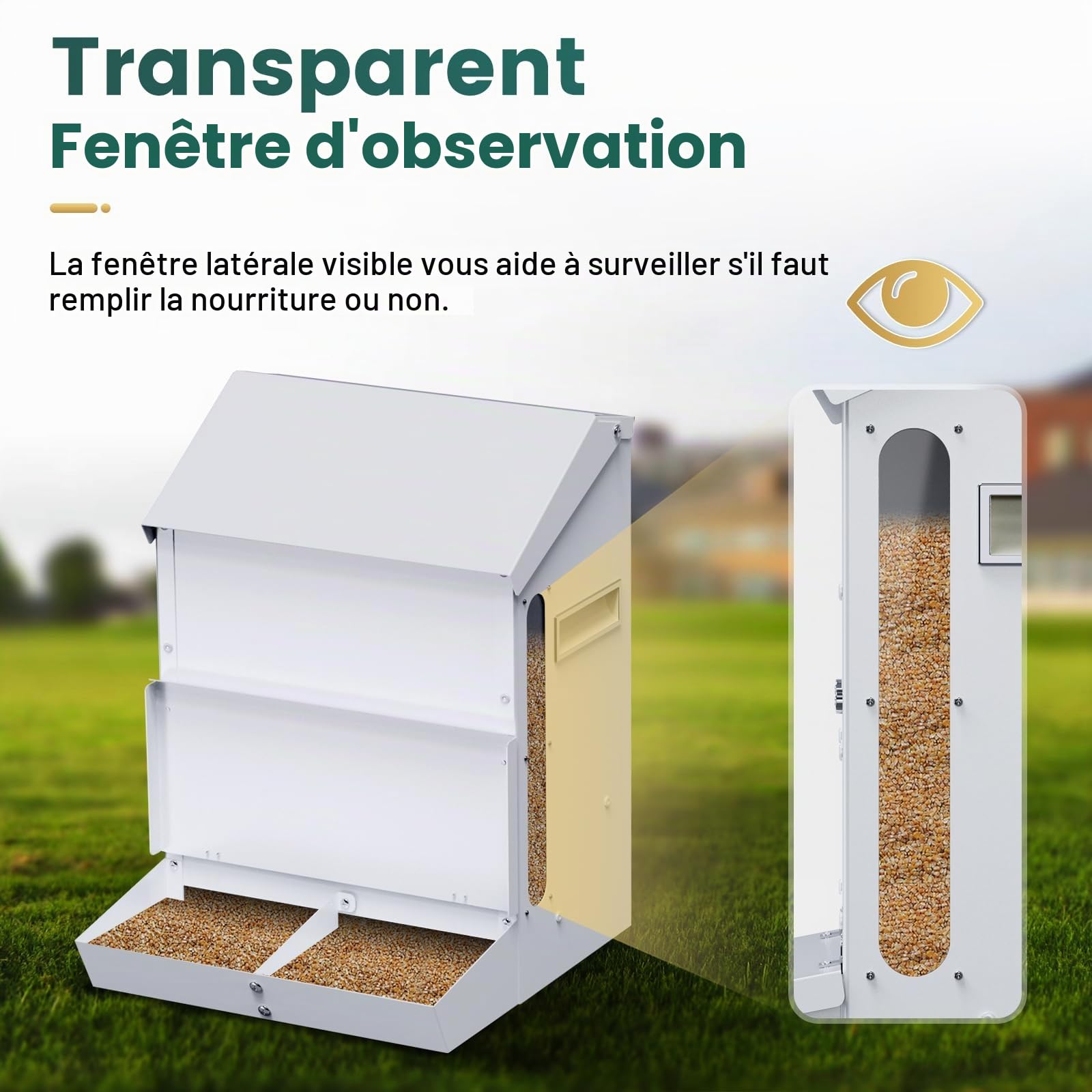 Mangeoire Automatique pour Poules de 25LBS Sans Déchets Mangeoire à Volaille avec Pelle Montage Mural Distributeur de Nourriture pour Volailles
