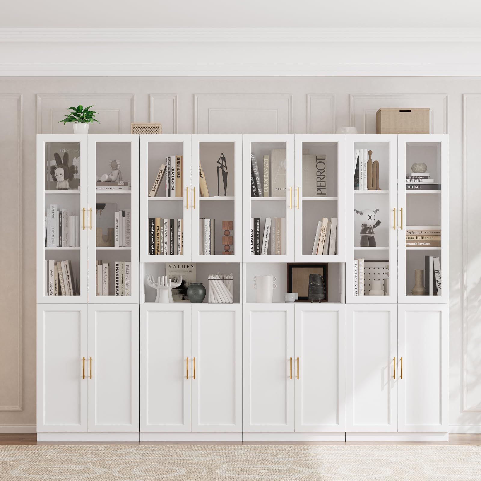 VOWNER Bookcase with Glass Doors and Drawers