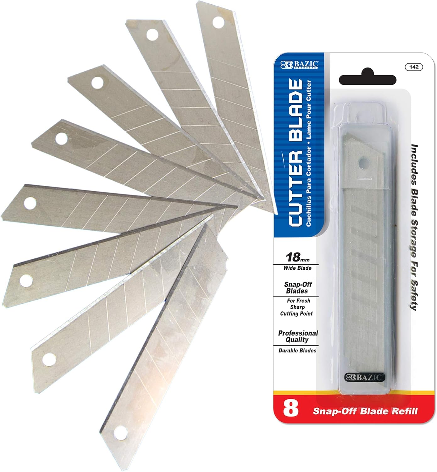 BAZIC Products 18mm Replacement Blade, Wider Utility Knife Cutter Blade, Tube Storage Box, Heavy-Duty for Cardboard Boxes Warehouse Office (8/Pack), 24-Packs