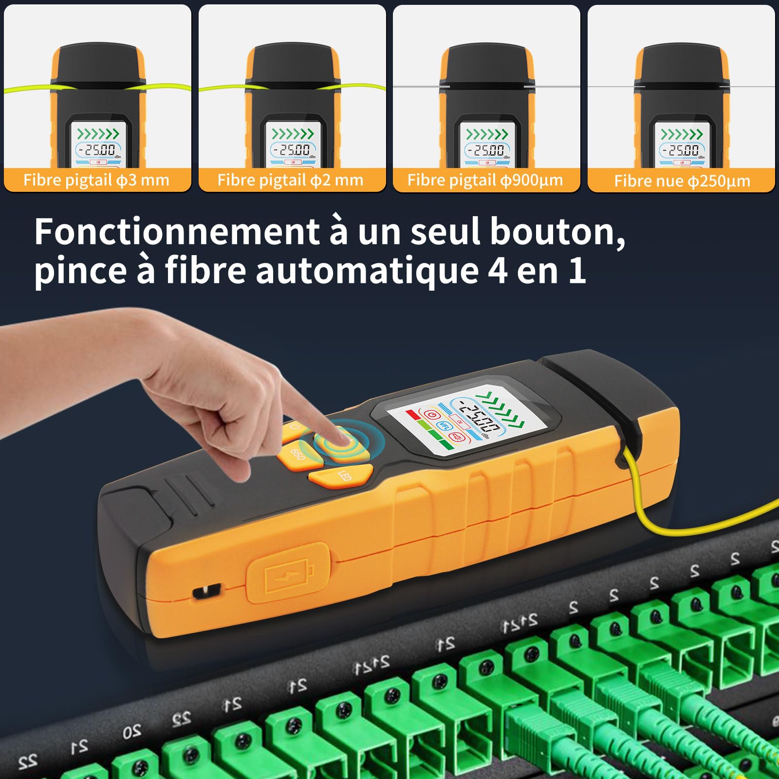 Henkion LWL Tester à main Identificateur de fibre optique avec localisation de défaut en temps réel, 850-1700nm SM/MM Power Meter Fonction VFL Écran LED, Testeur de câble à fibre optique pour réseau