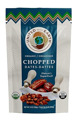 United With Earth Dátiles orgánicos picados  8oz (paquete de 2)  Sin OMG, sin gluten, vegano, paleo, certificado orgánico