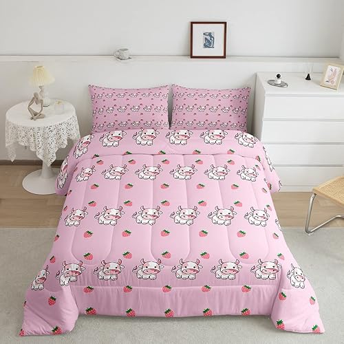 Erosebridal Lindos juegos de edredón de vaca kawaii, juegos de ropa de cama de fresa, tamaño matrimonial, color rosa, con estampado de animales de