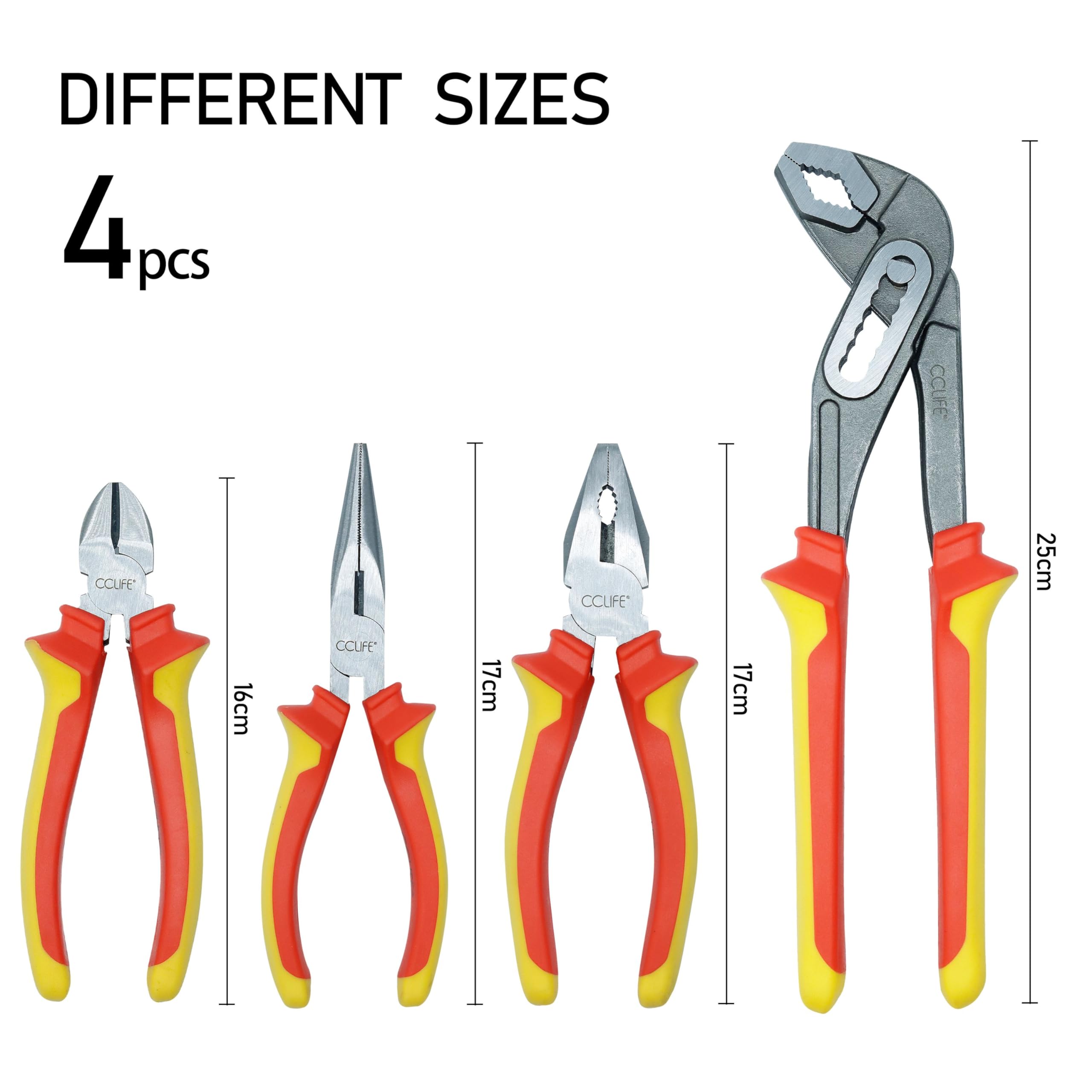 CCLIFE Jeu de 4 Pinces,Pince Mmultiprise-Pince Coupante-Pince Universelle-Pince Bec Long avec Manche et Souple Outillage Professionnel | Avec pinces de 170/170/160/250 mm, poignées antidérapantes et sac de rangement pratique
