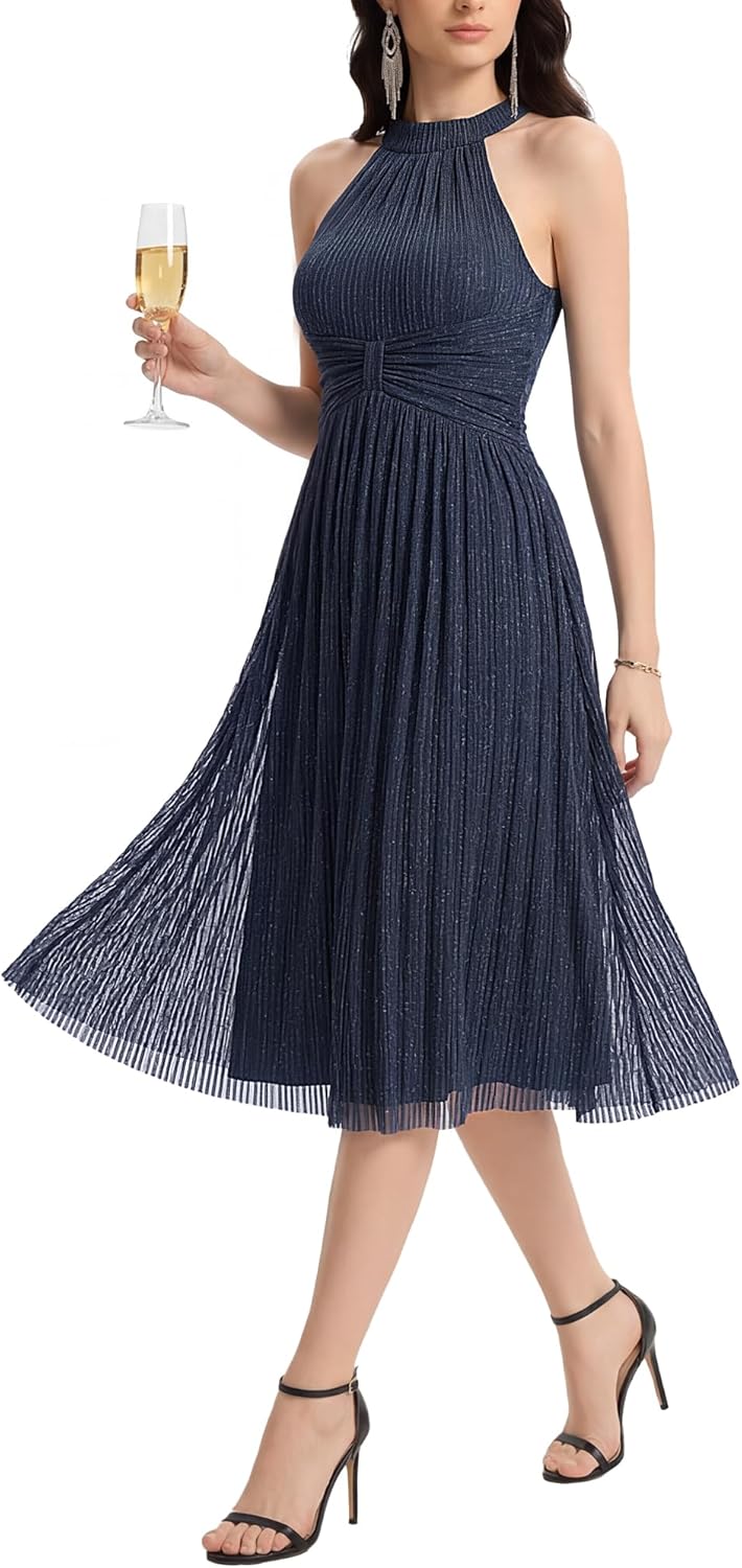 Ever-Pretty Women's Glitter Halter Neck Midi Cocktail Wedding Guest Dresses Sleeveless Pleated Semi Formal Dress 41962