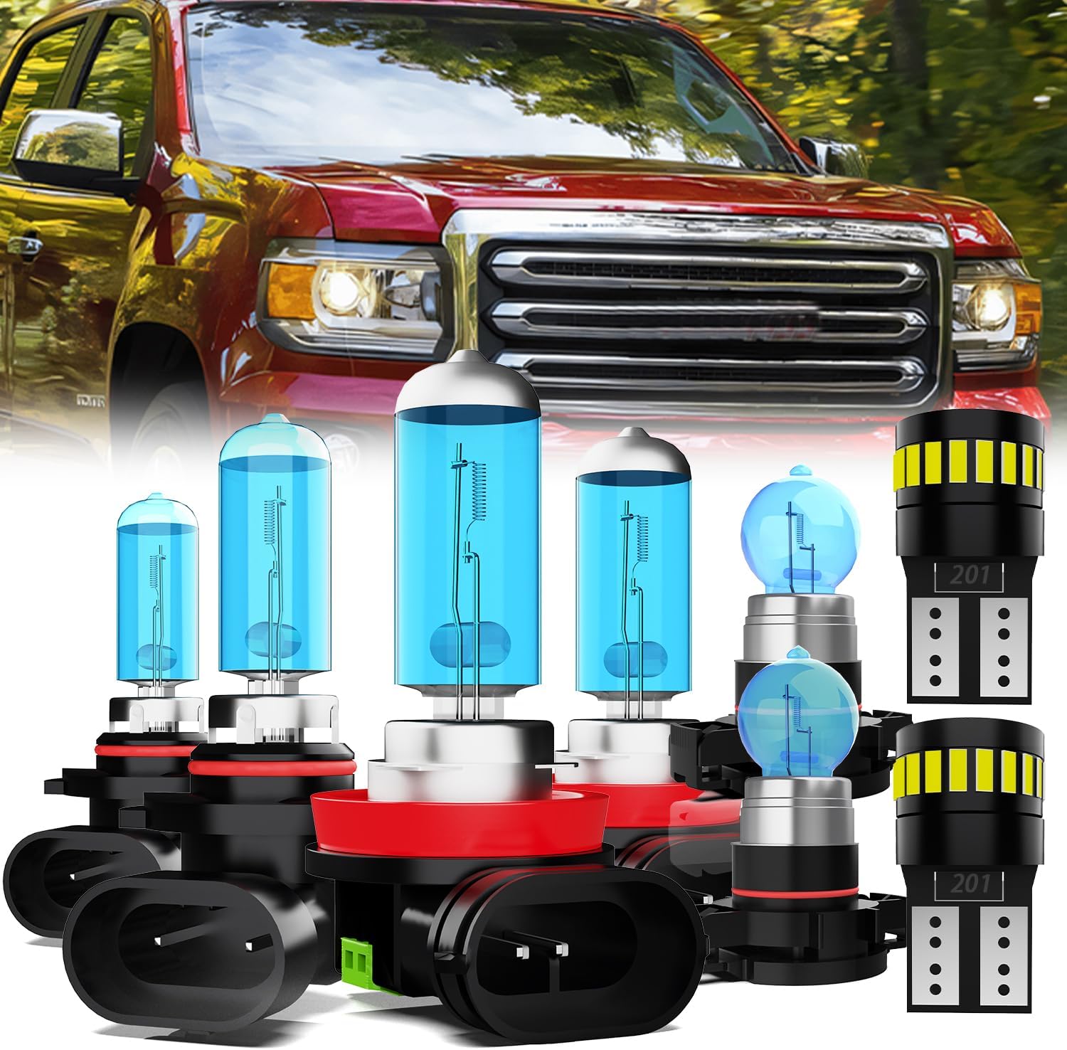 Headlight Bulbs License Plate Lights Fit For GMC Canyon 2015-2020, 9005 High Beam + H11 Low Beam + 5202 Fog Lights Halogen Light Bulb + License Plate Lights, Pack of 8