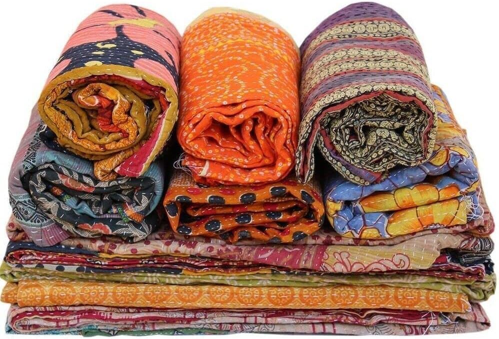 Vintage Handmade Kantha Quilts Tribal Kantha Cotton Bed Cover Throw Assorted Patches Made Rally Reversible Bedspread Throw Old Sari Assorted Patches Indian Blanket 10 PCS Lot