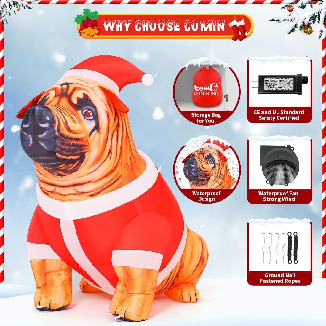 COMIN 4 FT Tall Christmas Inflatables Dog Outdoor Decorations Christmas Blow Up Bulldog Inflatable with Built-in LED Lights Yard Decoration for Holiday Indoor Lawn Garden