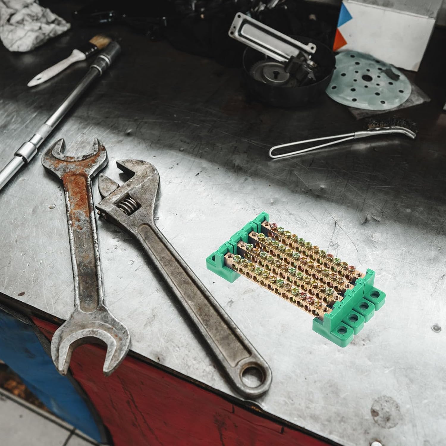 4pcs Copper Terminal Block Connectors with Grounding Bus Bar, Easy Installation and Versatile Use for Panel Applications and Power Distribution, Green Color