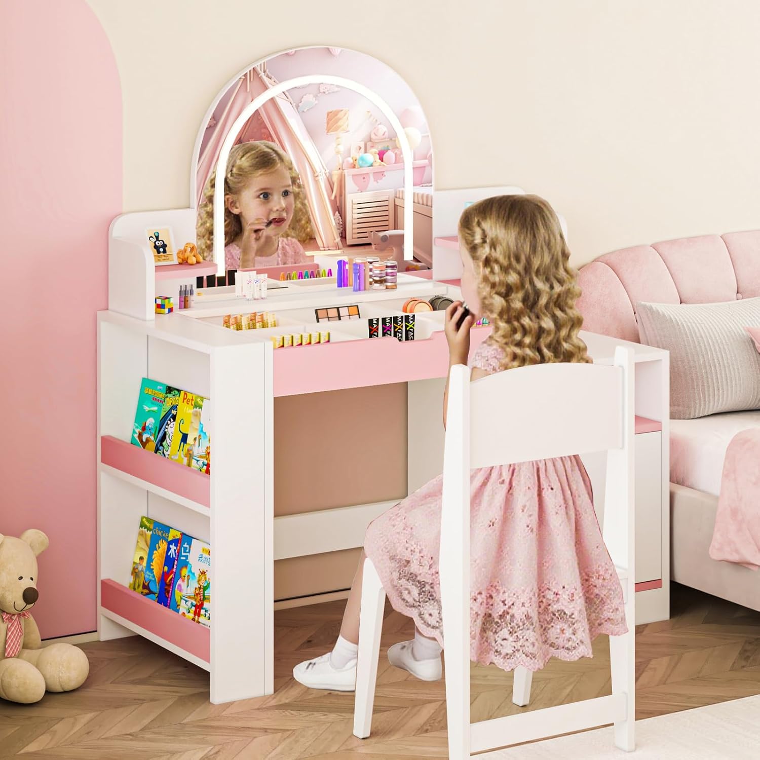 Kids Vanity Set with Lights, 3 in 1 Toddler Kids Makeup Vanity Desk with Chalkboard and Bookshelf, Vanity Table and Chair Set with Stool, Mirror, Jewelry Storage, Cabinet for Little Girls (White)