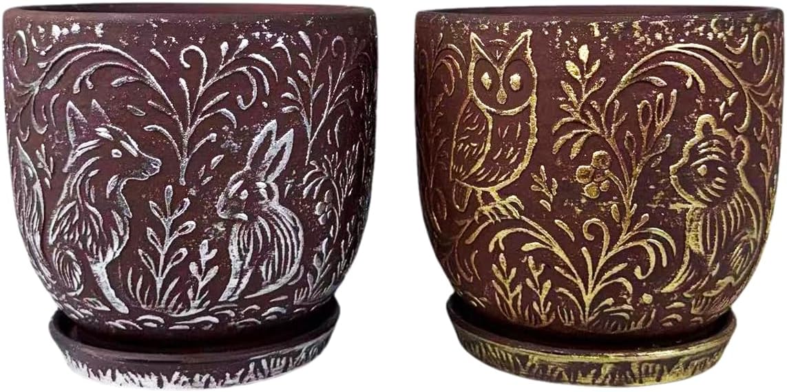Decorative Ceramic Planter Pot with Saucer, Brown with Gold and Silver Owl Pattern, Indoor Garden Container with Drainage (G&S, 6 inch)