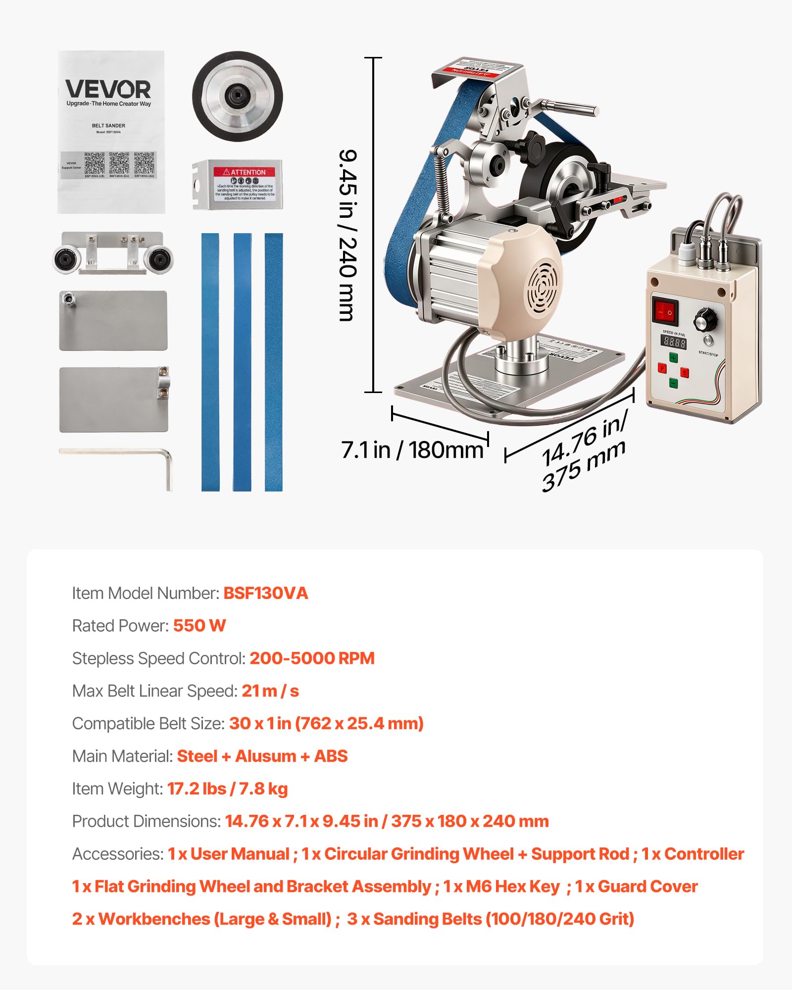 VEVOR Lijadora de Banda de 550 W con VFD Velocidad Variable 200 a 5000 RPM, 21 m/s Motor sin Escobillas, Amoladora de Lijado 762 x 25,4 mm, 2 Modos, 3 Bandas para Metal Madera Cuchillos Acero Taller