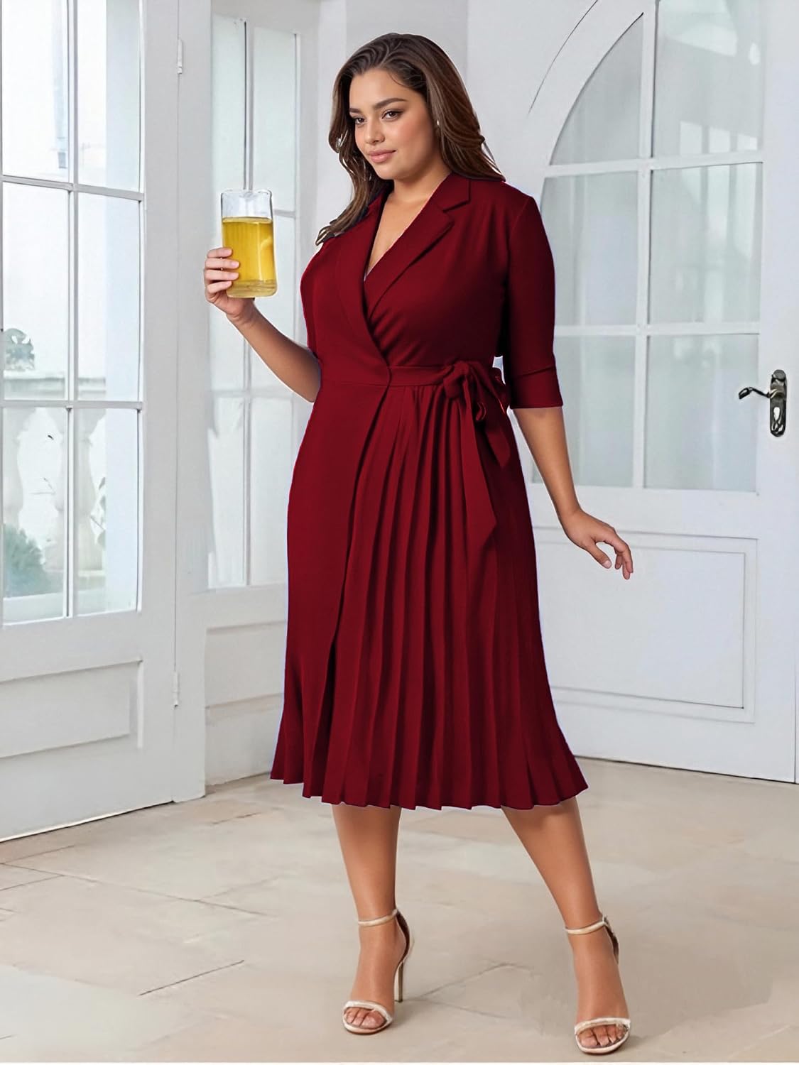 Hostoyo Women's Plus Size Pleated Midi Dress Comfortable Suit Collar 3/4 Sleeve Belted Casual Formal Work Church