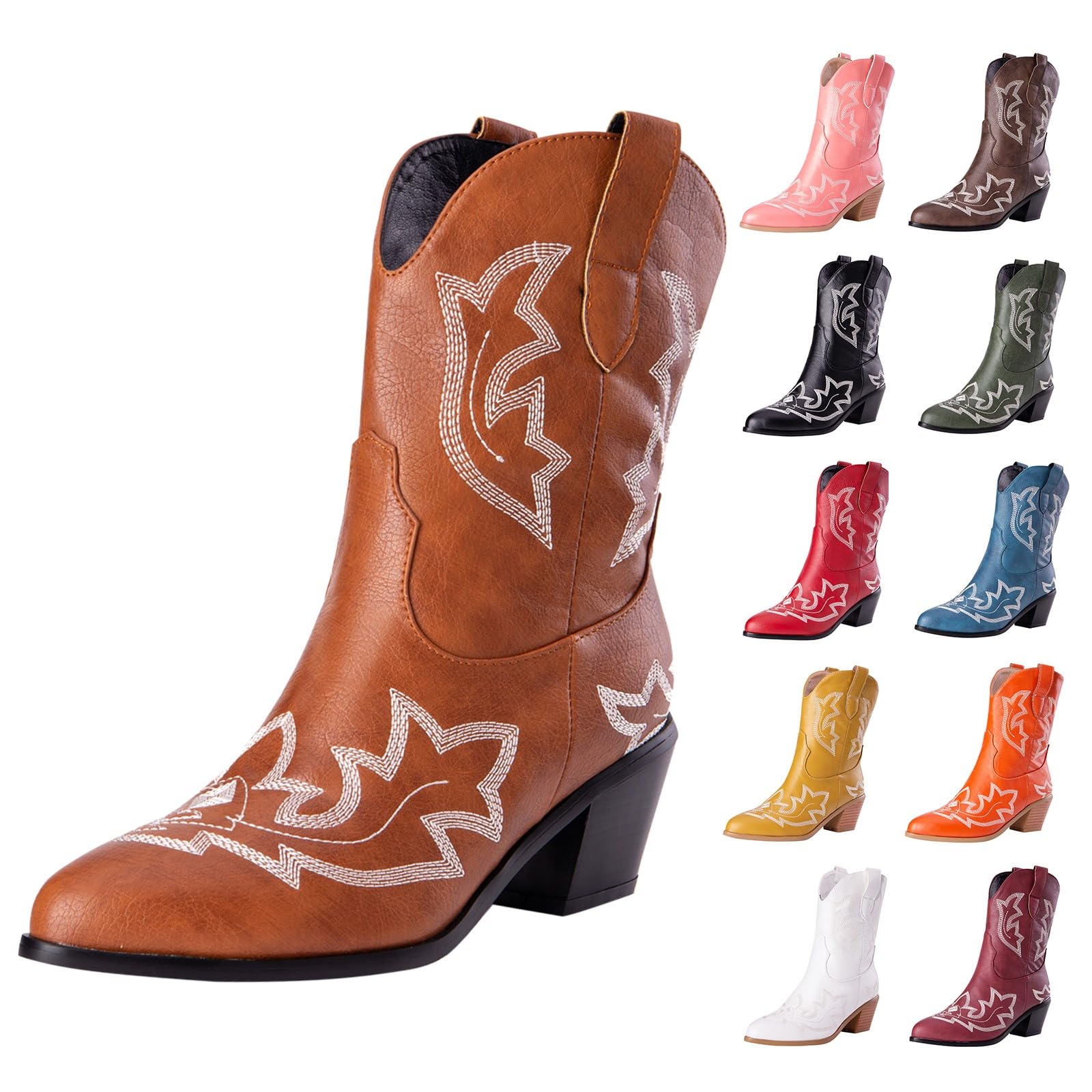 Stivali da donna a metà polpaccio da cowboy western, classici vintage, ricamati, tacco a blocco, in pelle PU, stivali da donna in stile country equitazione western scarpe da sposa