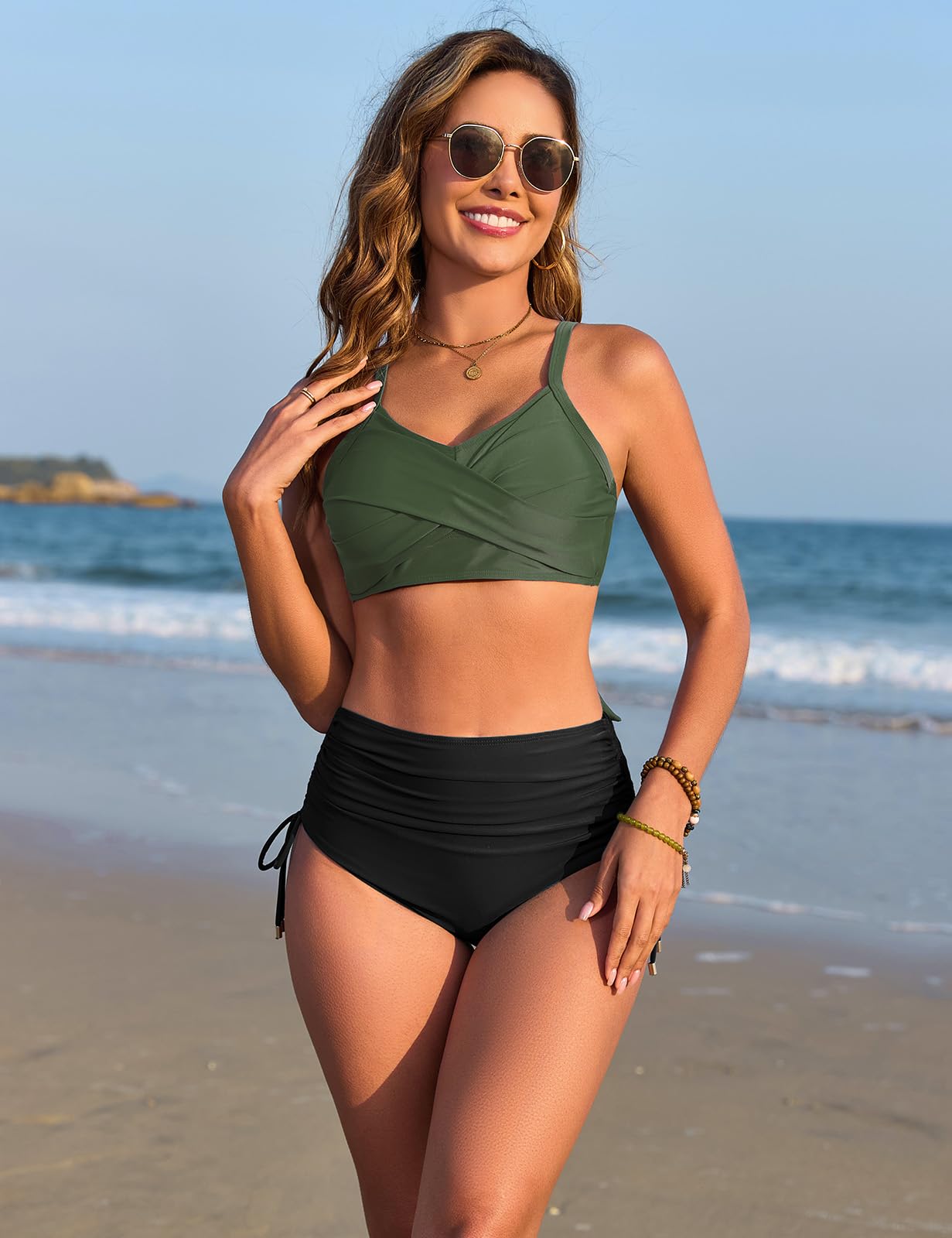 Nadeer Costume da Bagno Donna Push Up Scollo a V Imbottito Reggiseno Due Pezzi Bikini Pantaloncini da Bagno con Coulisse Laterale a Pieghe Sexy Spiaggia Beachwear Swimwear
