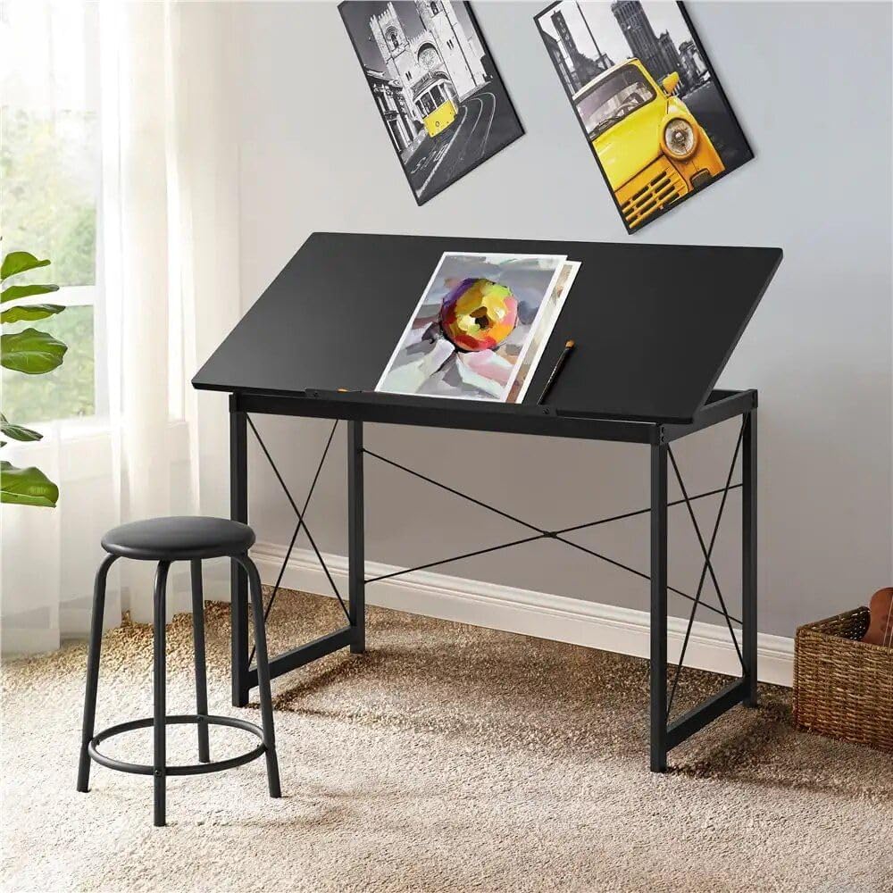 Adjustable Black Drafting Table with Tilt Surface & Sturdy Metal Frame