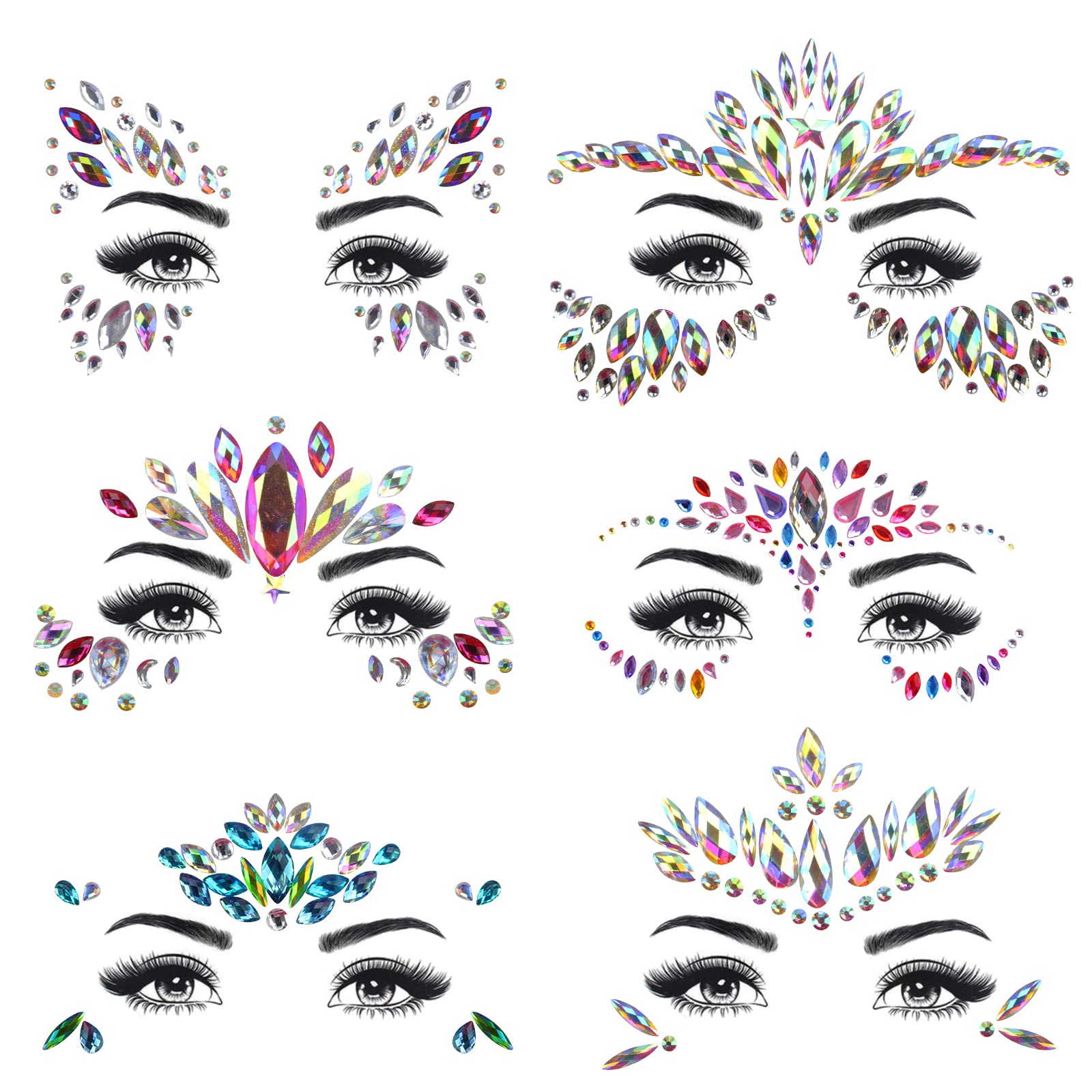 DAWRIS Gemas Faciales Pegatinas, 6 piezas Piedras Preciosas Autoadhesivas Tatuajes Temporales Pegatinas Pegatinas Festival para Ojos Cara Festival de Fiestas Decoración
