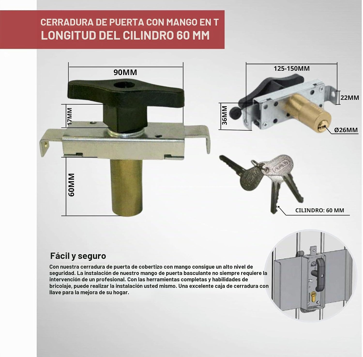 DOJA Industrial | Cerradura basculante para garaje | Acero galvanizado | Cilindro 60