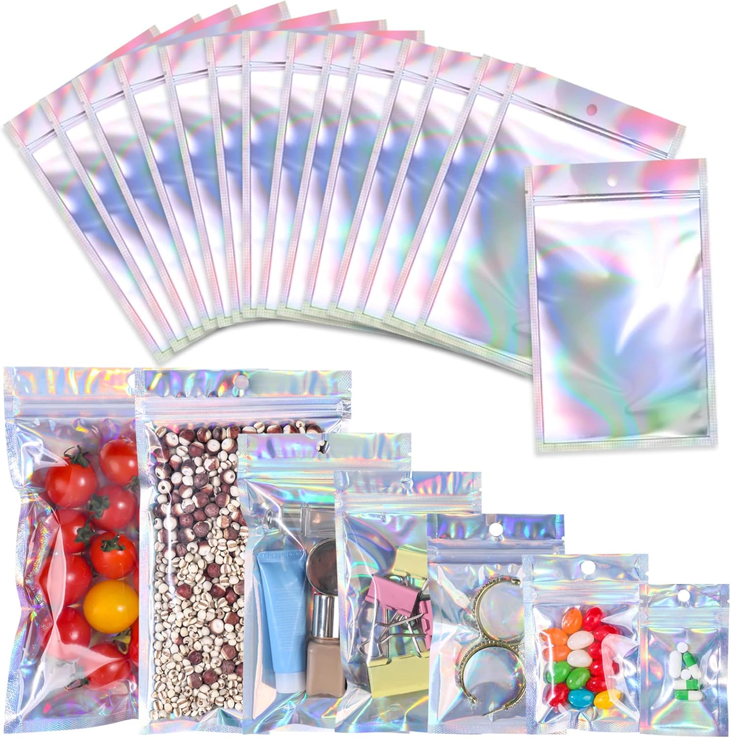 100 Pack Resealable Mylar Bags Smell Proof Bags Packaging Plastic Ziplock Bag with Clear Holographic Rainbow Window Mylar Storage Bags For Candy,Jewelry,Screw (2.36 x 3.93 inch, Holographic Color)