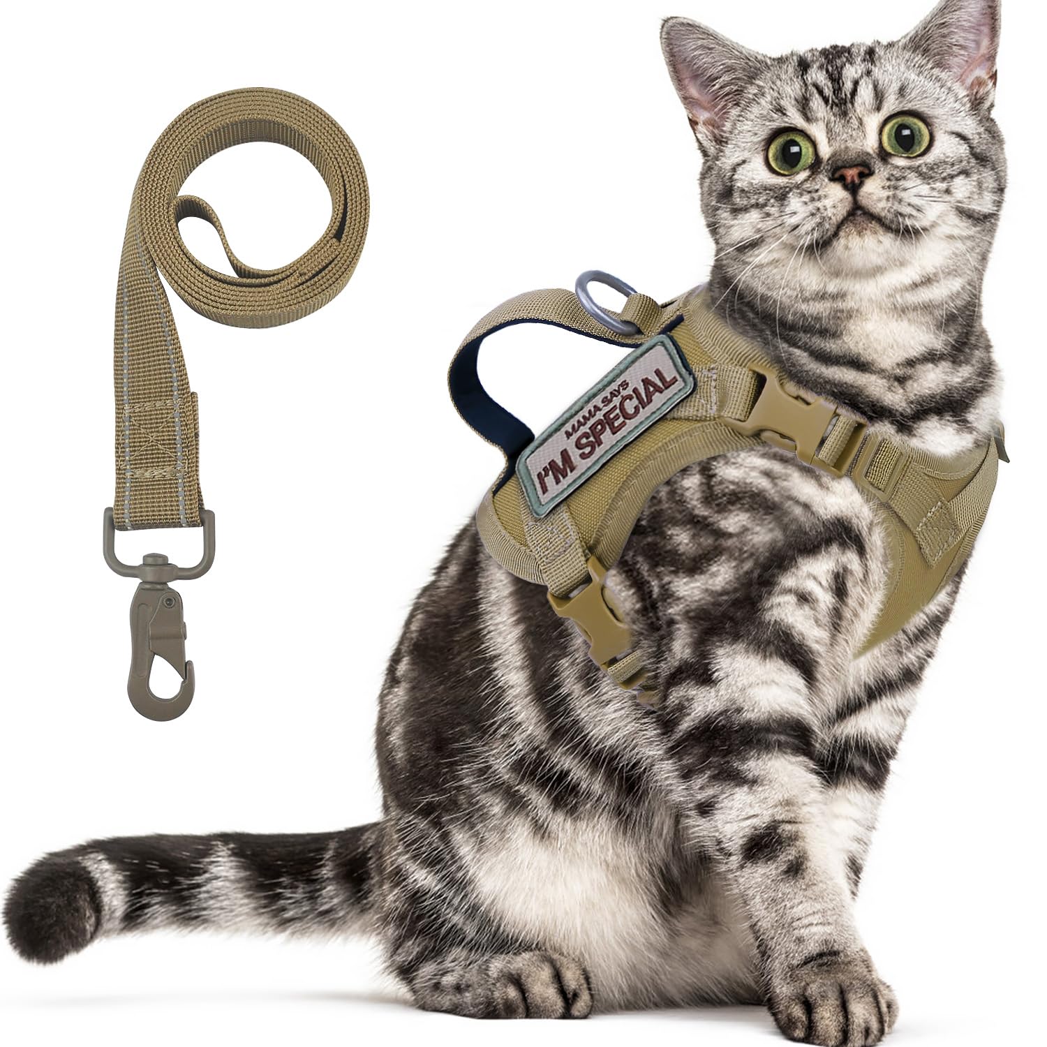 Taktisches Katzengeschirr zum Spazierengehen, ausbruchsicher, weiches Netzgewebe, verstellbar, Haustierweste, Geschirr für große Katzen, kleine Hunde und Khaki (Khaki, Medium)