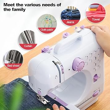 Mini Sewing Machine for Beginner, Portable Sewing Machine,12 Built-in Stitches Small Sewing Machine Double Threads and Two Speed Multi-function Mending Machine with Foot Pedal for Kids, Women (Purple)