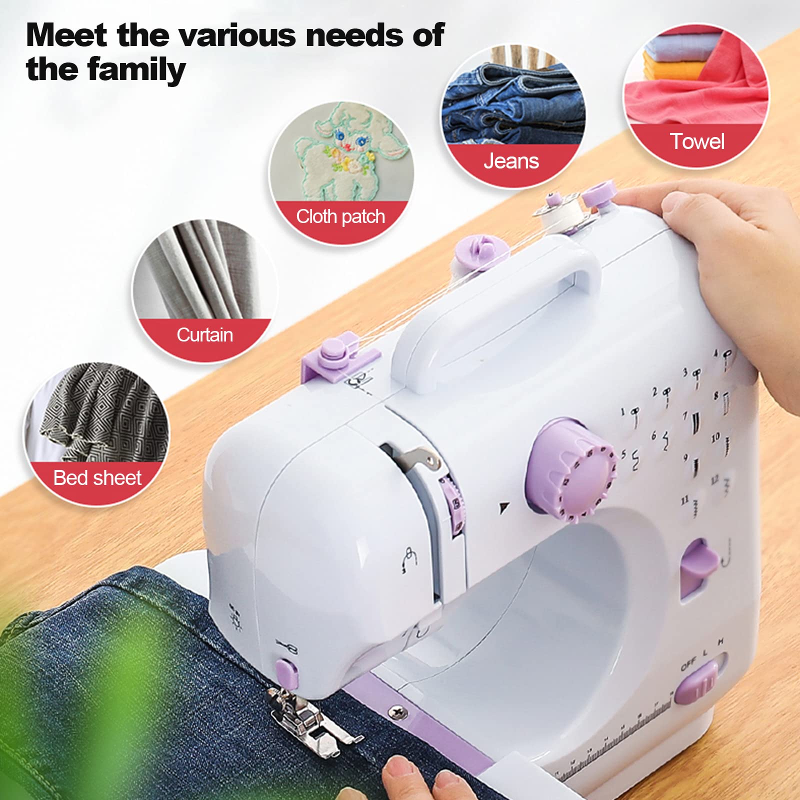 505A Elektrische Nähmaschine Mit 12 Stichmustern, Fußpedal, Nähzubehör-Set, Mini Haushalt Doppelfaden-Nähmaschine, Sewing Machine für Anfänger, für Stoffe DIY zu Hause und Outdoor