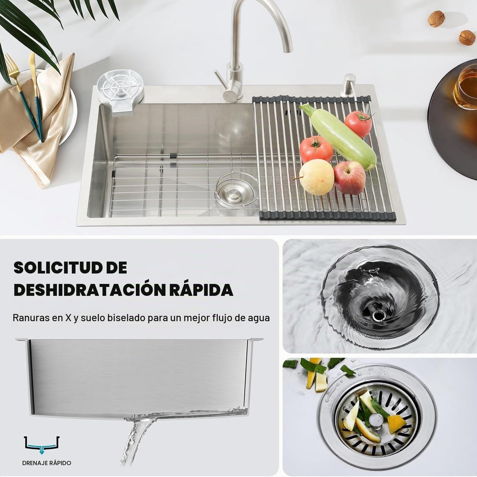 Fregadero Cocina 1 Seno 85 x 50cm,Acero Inoxidable Cepillado,Fregadero Bajo Encimera o Sobre Encimera, Gran Pila con grifo, con Sifón, Escurridor, Dispensador de jabón
