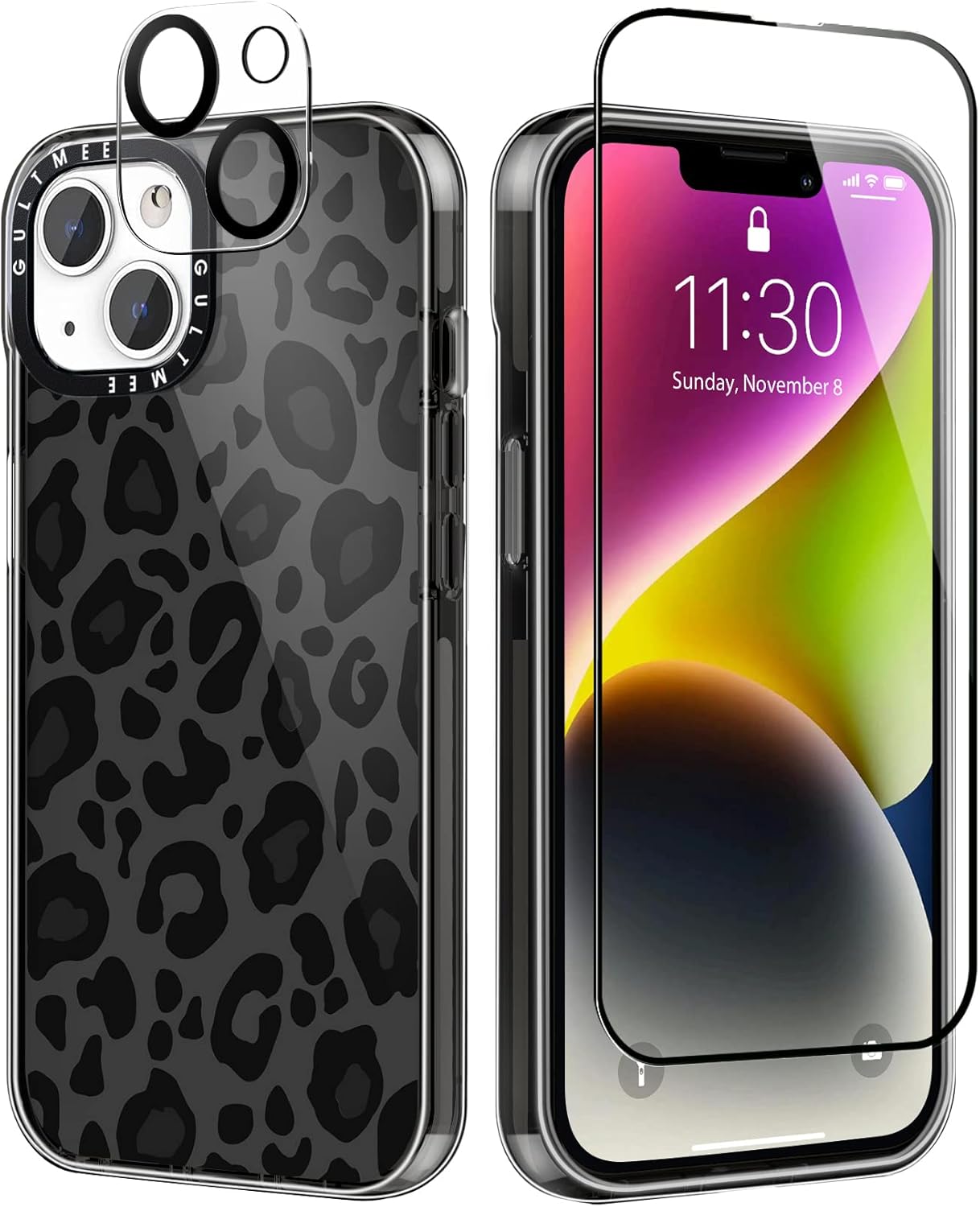 [3 in 1] for iPhone 14 Plus Case Cute Cheetah Leopard with Built-in Bumper Shockproof Protective Phone Case Cover for iPhone 14 Plus Cases 6.7" Tempered Glass Screen Protector + Camera Lens Protector
